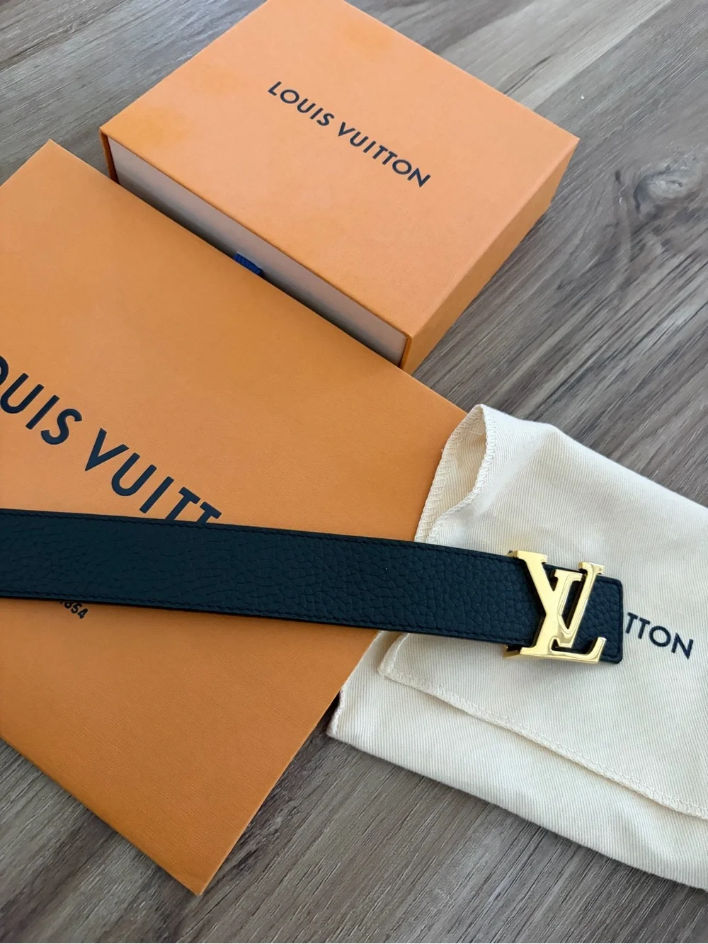 Louis Vuitton Black Leather LV Initials Belt with Gold Buckle